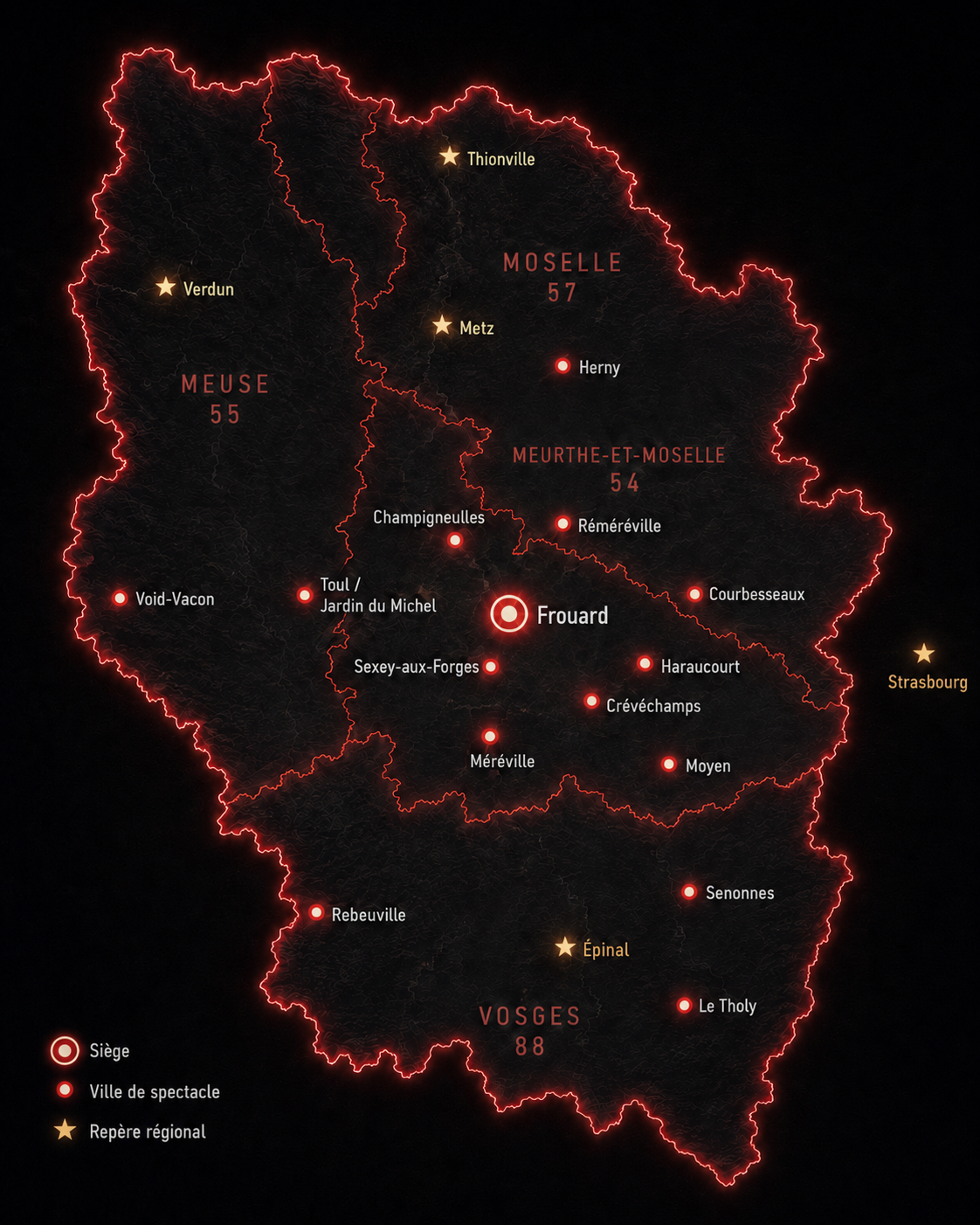 Carte de la Lorraine et des communes de spectacle PGE